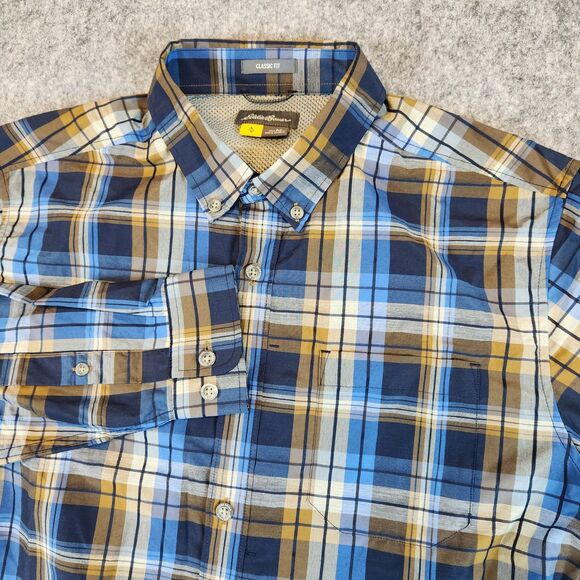 Eddie Bauer Travex Shirt Men Medium Blue Plaid Classic Fit Button Mesh Pocket - Picture 1 of 11